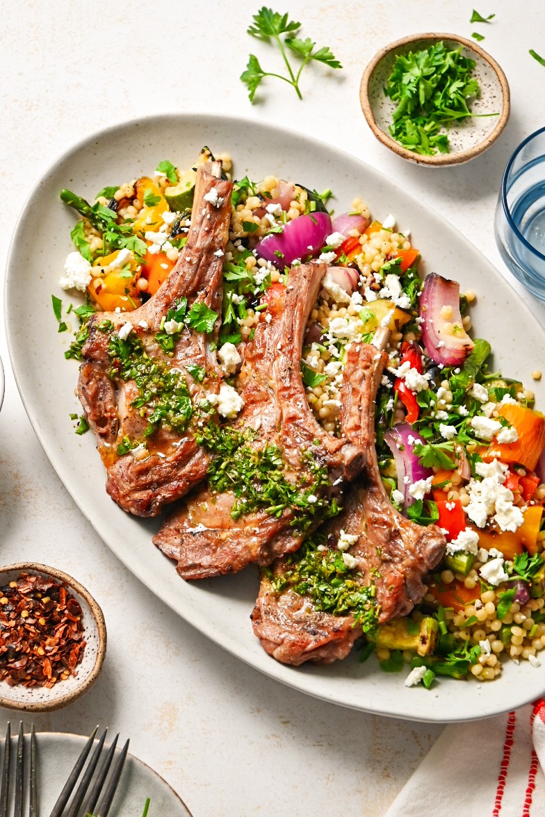 Chimichurri Pearl Couscous with Grilled Chops background image